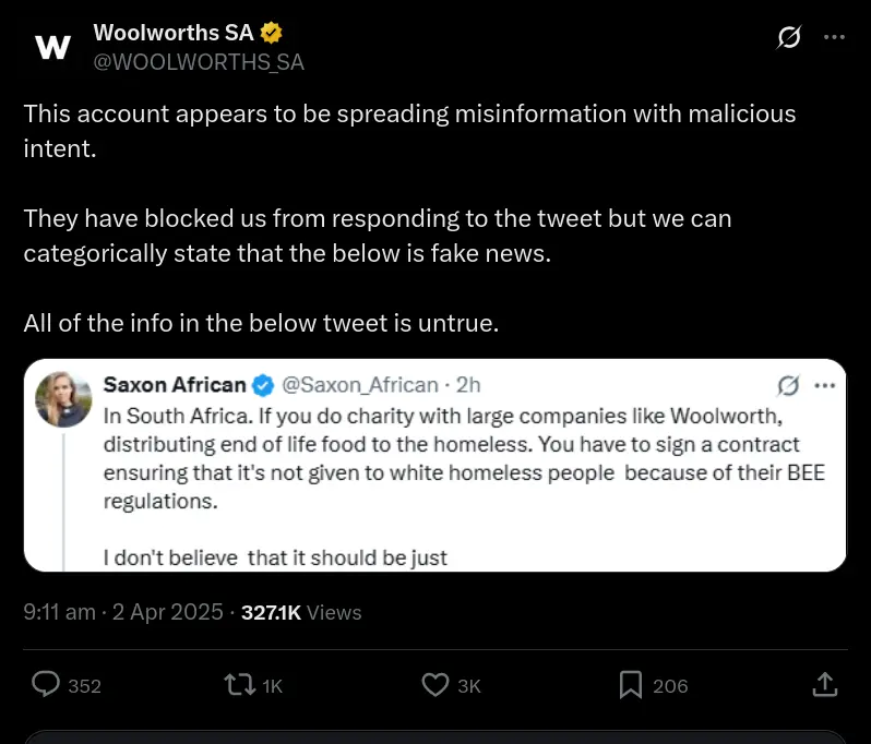 Screenshot of a false Woolworths tweet corrected by the official Woolworths SA X account